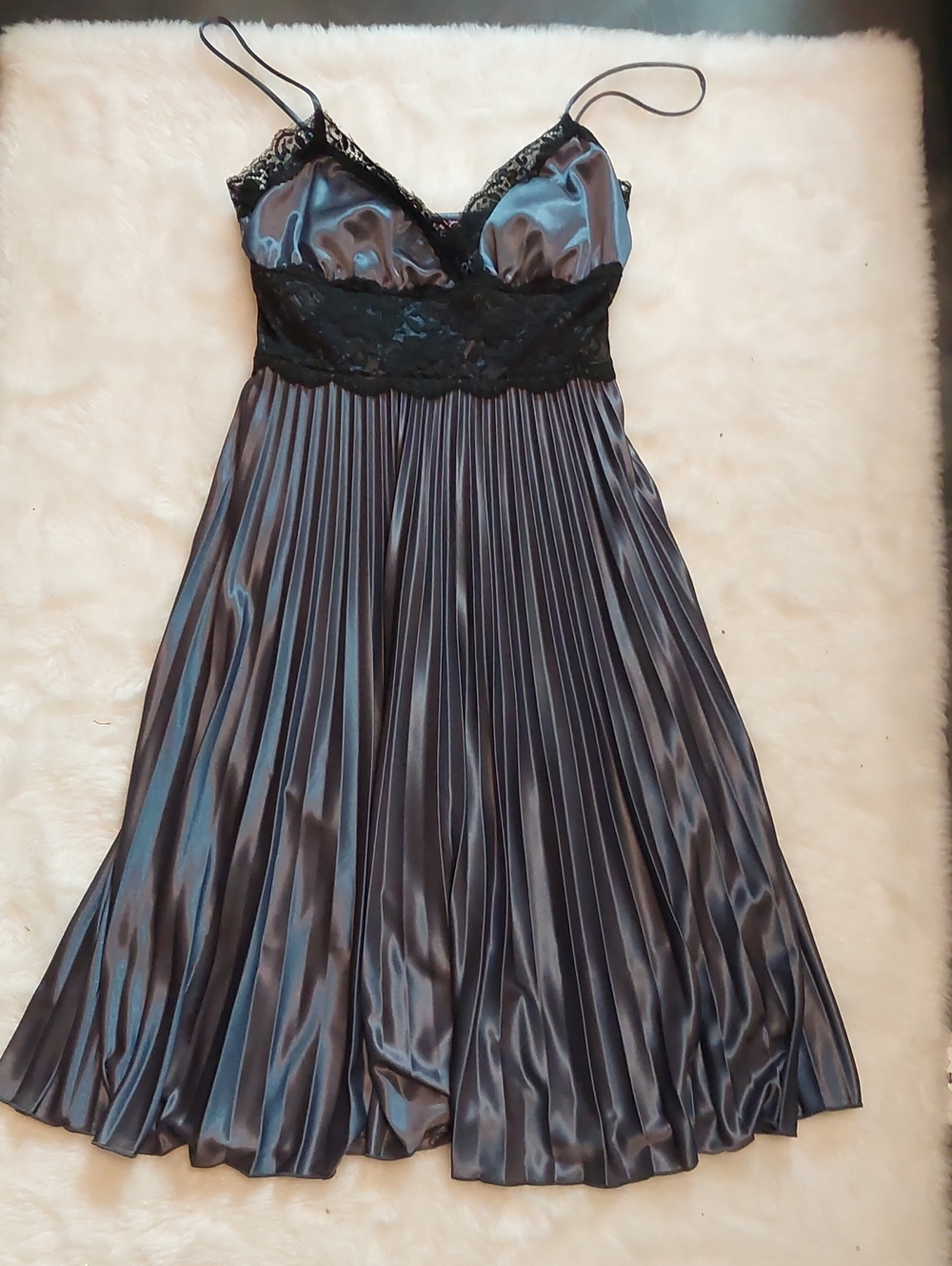 Black Satin Pleated Lace-Trim Dress with Skinny Straps